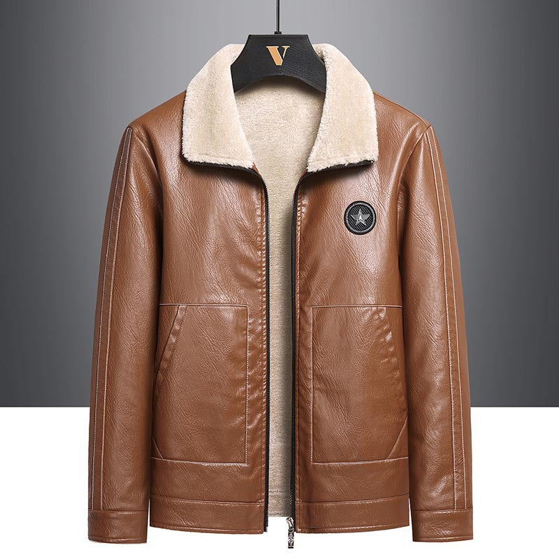 Men's Fleece Leather Jacket with Contrast Color Design