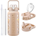 MUKOKO Glass Water Bottles 64oz with 2 Lids Half Gallon Water Bottle with Straws and Measurements 2L Sports Water Jug with Silicone Sleeve Leakproof Light Amber