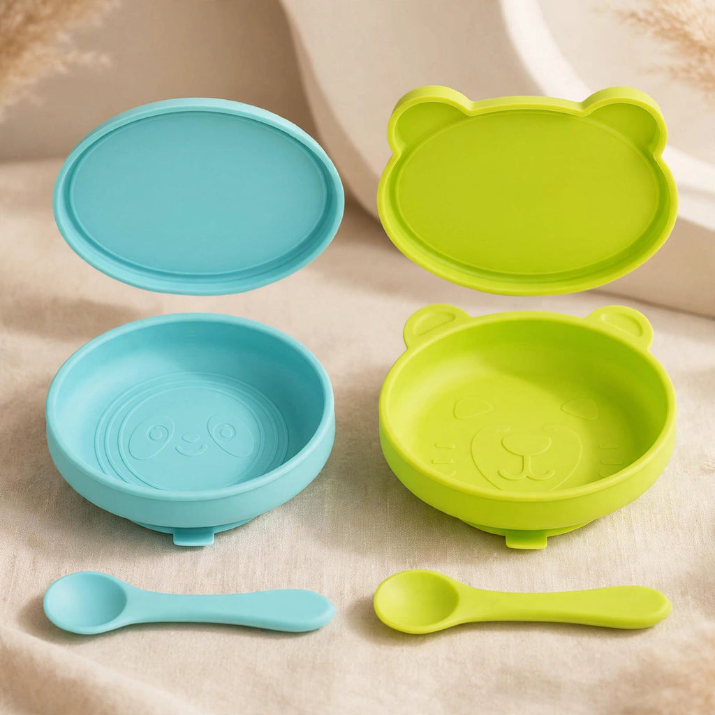 Silicone Suction Baby Bowls with Lids - 100% Food Grade Silicone Toddler Bowls - Dishwasher Safe Self-Feeding Set (Grass Green & Light Blue)