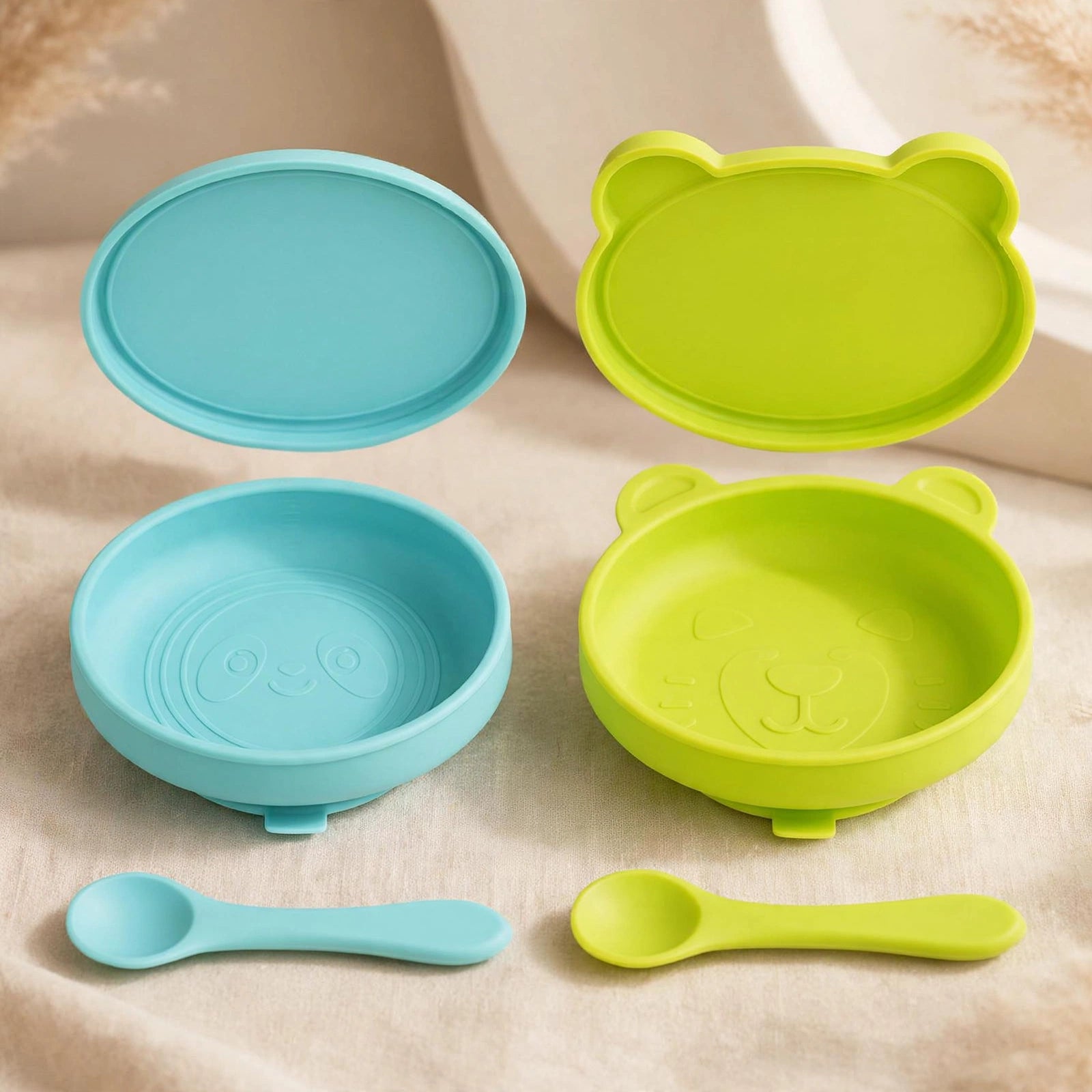 Silicone Suction Baby Bowls with Lids - 100% Food Grade Silicone Toddler Bowls - Dishwasher Safe Self-Feeding Set (Grass Green & Light Blue)
