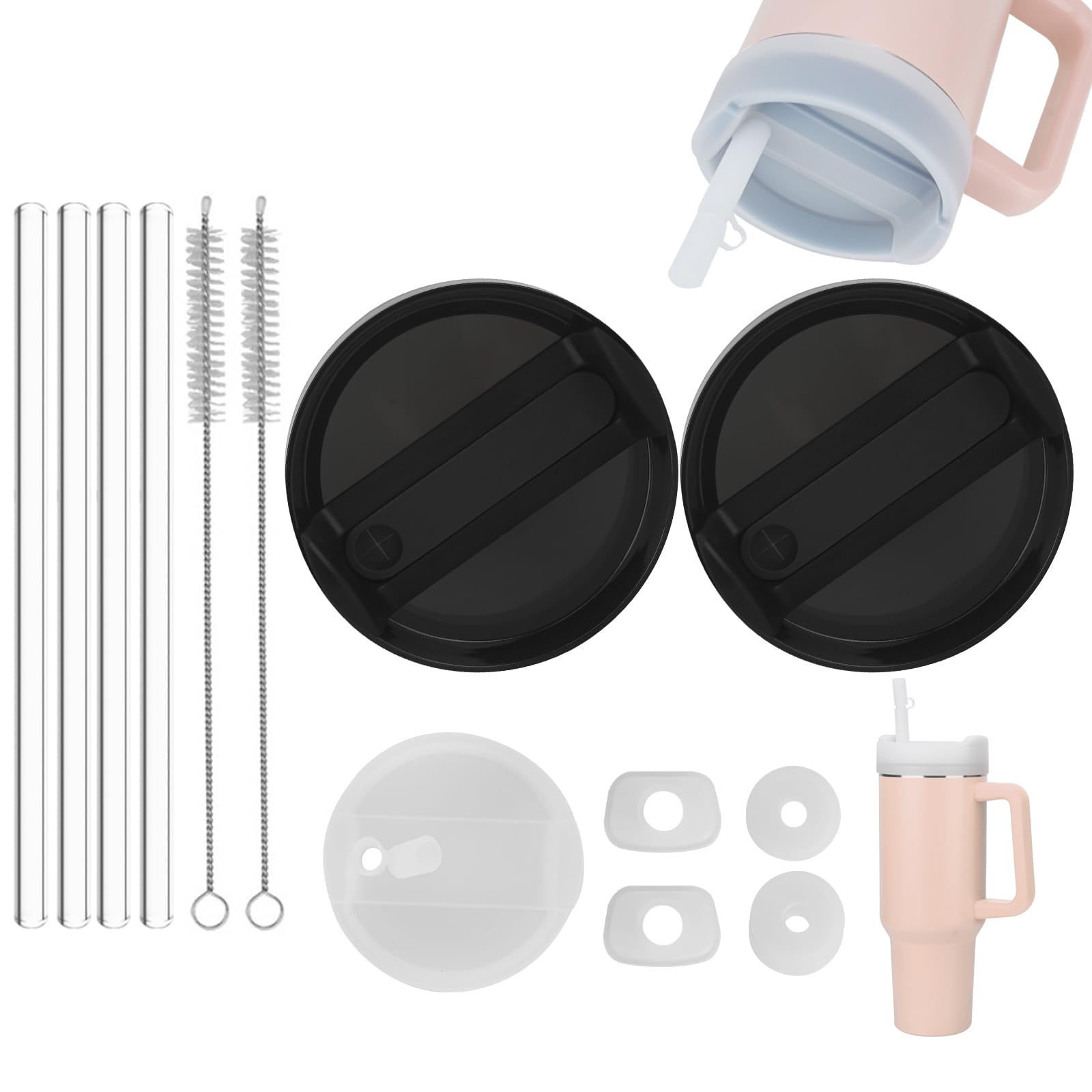 2 Pack Replacement Lids for Stanley 40oz Tumbler Silicone Spill Stopper 4Pcs Set For H2.0 Stanley Cup Silicone Cup Lid Dust Cover With Straw Lid Cap 1 Pcs 4 Pcs Long Reusable Stanley Straw (black)