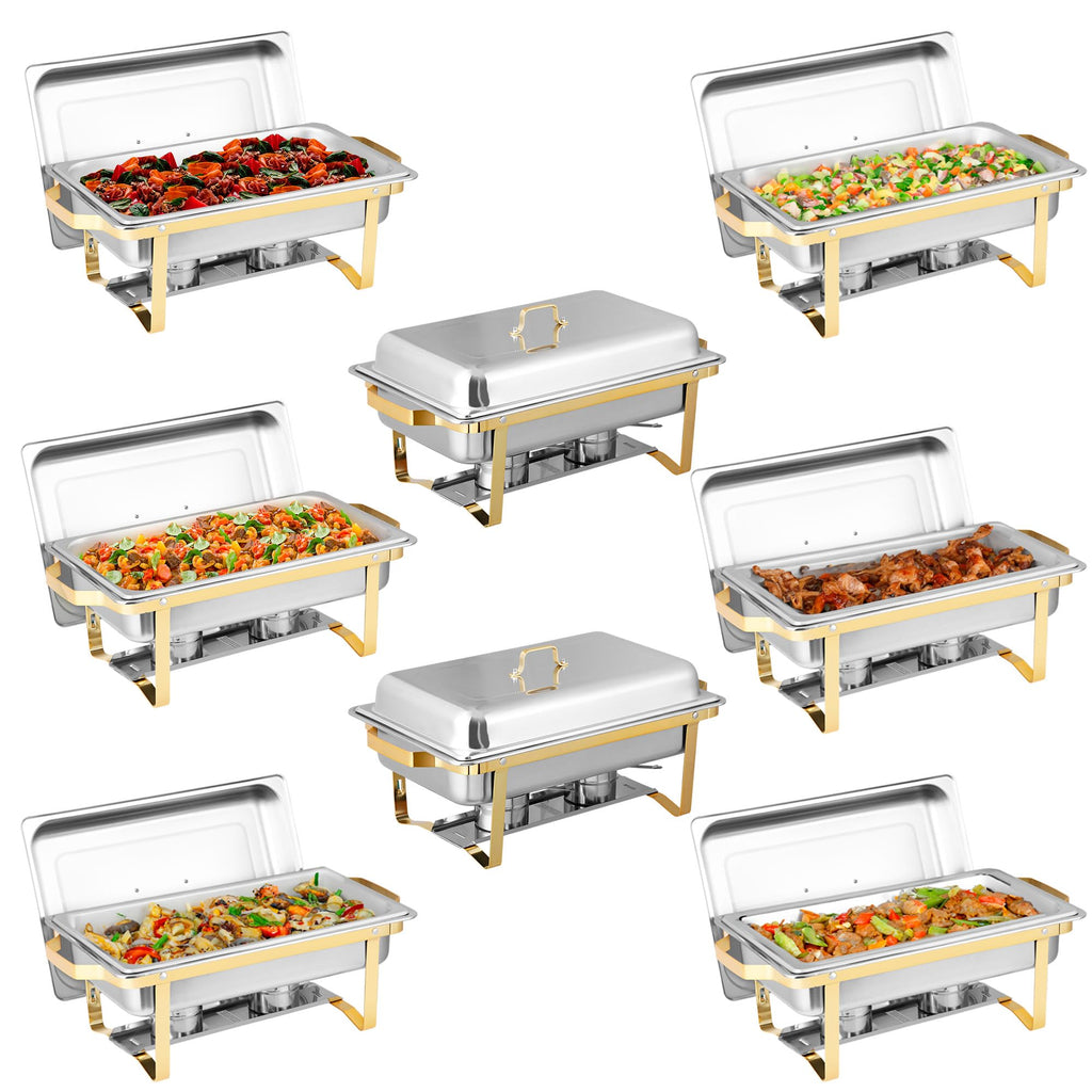 SUPER DEAL 8 Pack 8QT Food Warmer Rectangular Chafing Dish Buffet Set w/Foldable Frame Legs Stainless Steel Full Size Chafer Dish for Parties Gold