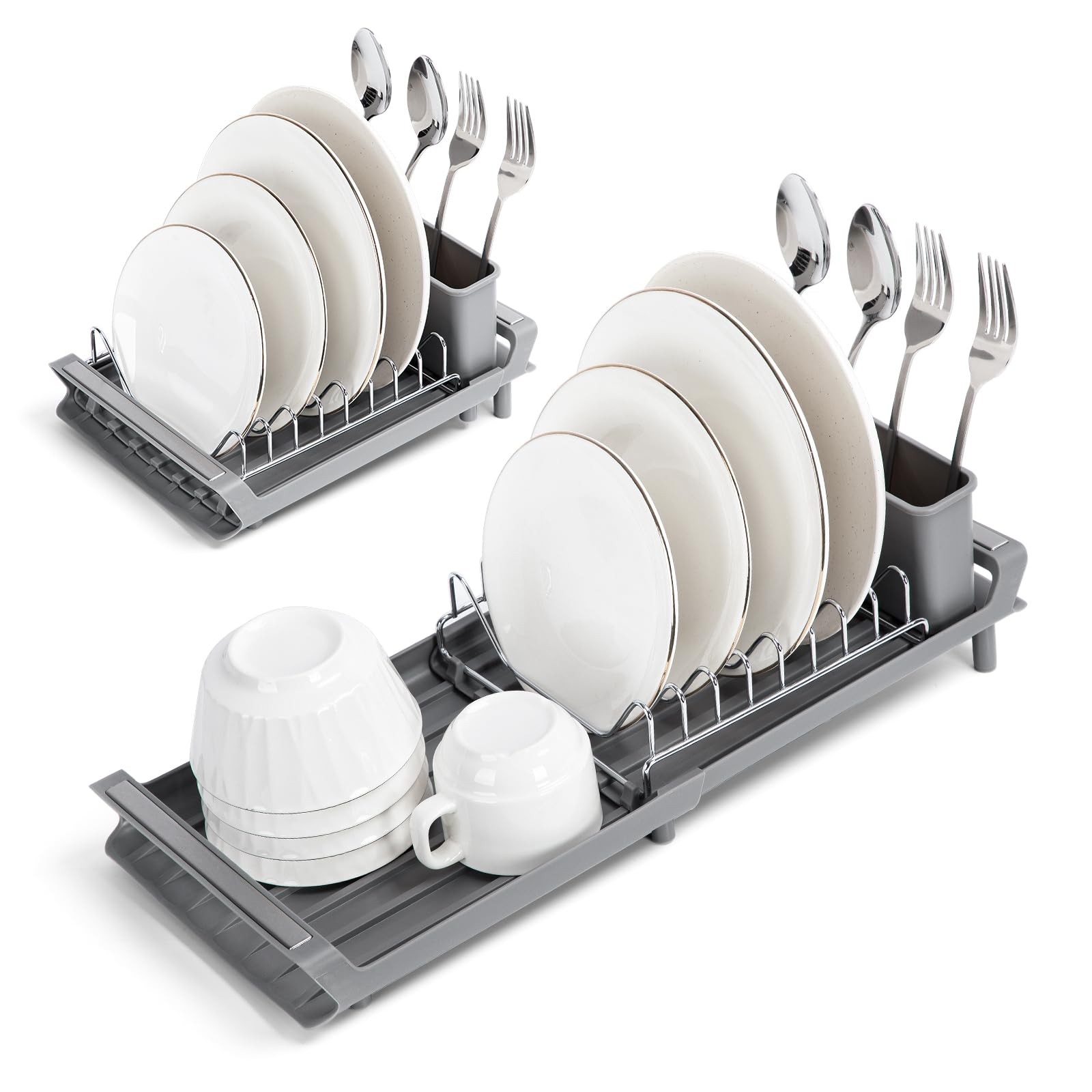 E-ROOM TREND Extendable Dish Drying Rack Small Dish Rack Compact Dish Drainer Dish Racks for Kitchen Counter Stainless Steel Dish Drying Rack with Removable Cutlery Holder Grey(DR403G)