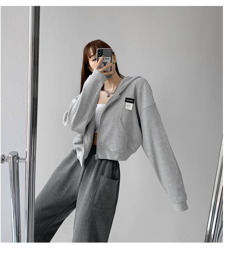 Loose Hooded Waffle Sweatshirt with Short Long Sleeves