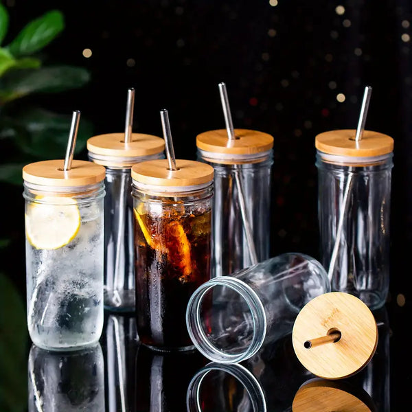 6pcs Glass Tumblers with Lids and Straws, 24oz