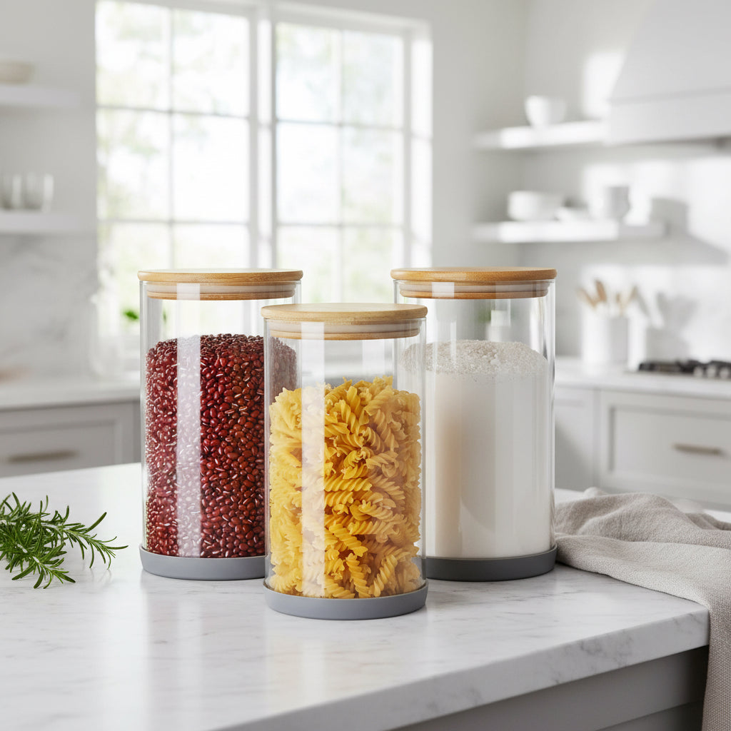 Glass Jars with Bamboo Lids 3 PackAnti-slip Silicone Rubber Bottom 68 OZ Glass Canisters with Airtight Lids BPA-Free Thicker GlassFlour Sugar Storage containers Glass Canisters with Airtight Lids