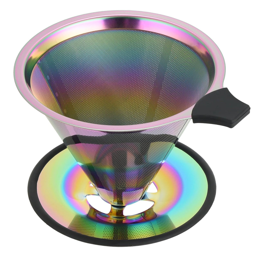 Pour Over Coffee Dripper Filter: Reusable Stainless Steel Coffee Filters - Metal Cone Filter Paperless Single Cup Coffee Maker 1-4 Cup with Double Mesh & Non-slip Cup Stand Multicolour