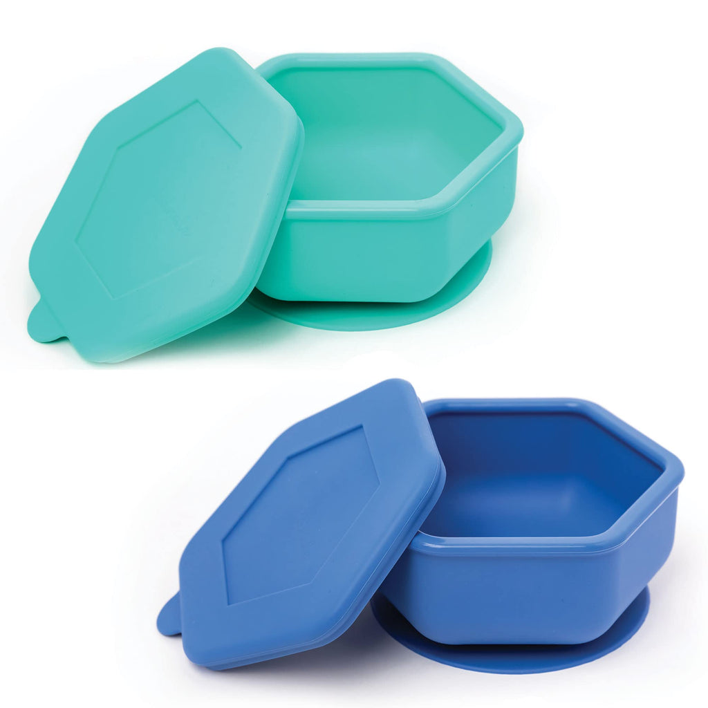 Tiny Twinkle Silicone Suction Bowls Set with Lids for Baby and Toddler - 100% Silicone - BPA Free - Microwave Safe (Mint Indigo 2 Pack)