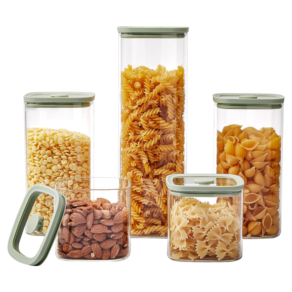 Spreccio Square Glass Food Storage Jars with Lids[Set of 5] Perfect for Pasta Cookies Nuts Coffee Cereal FlourOrganize Your Kitchen with these BPA-Free Glass Jars with Silicone Lids