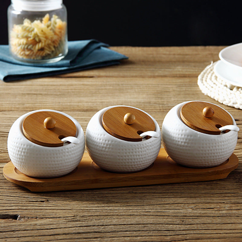 Creative Ceramic Spice Box Set with Bamboo Lids