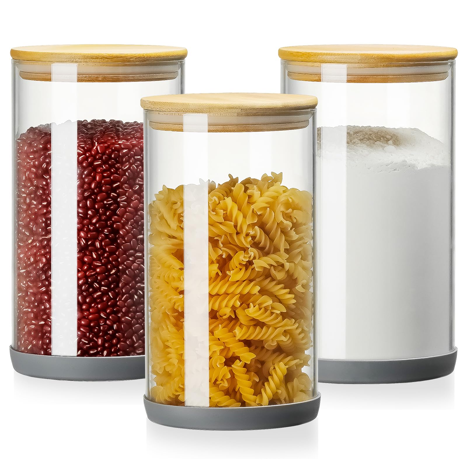 Glass Jars with Bamboo Lids 3 PackAnti-slip Silicone Rubber Bottom 68 OZ Glass Canisters with Airtight Lids BPA-Free Thicker GlassFlour Sugar Storage containers Glass Canisters with Airtight Lids