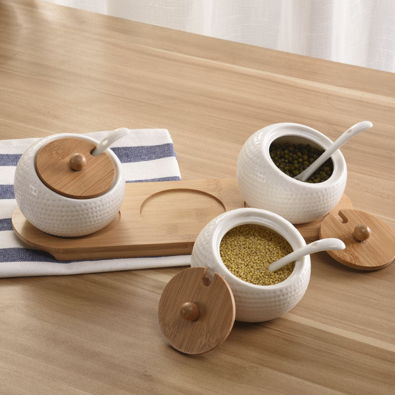 Creative Ceramic Spice Box Set with Bamboo Lids
