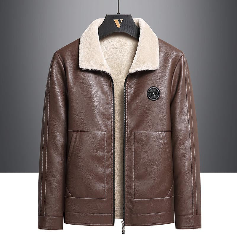 Men's Fleece Leather Jacket with Contrast Color Design