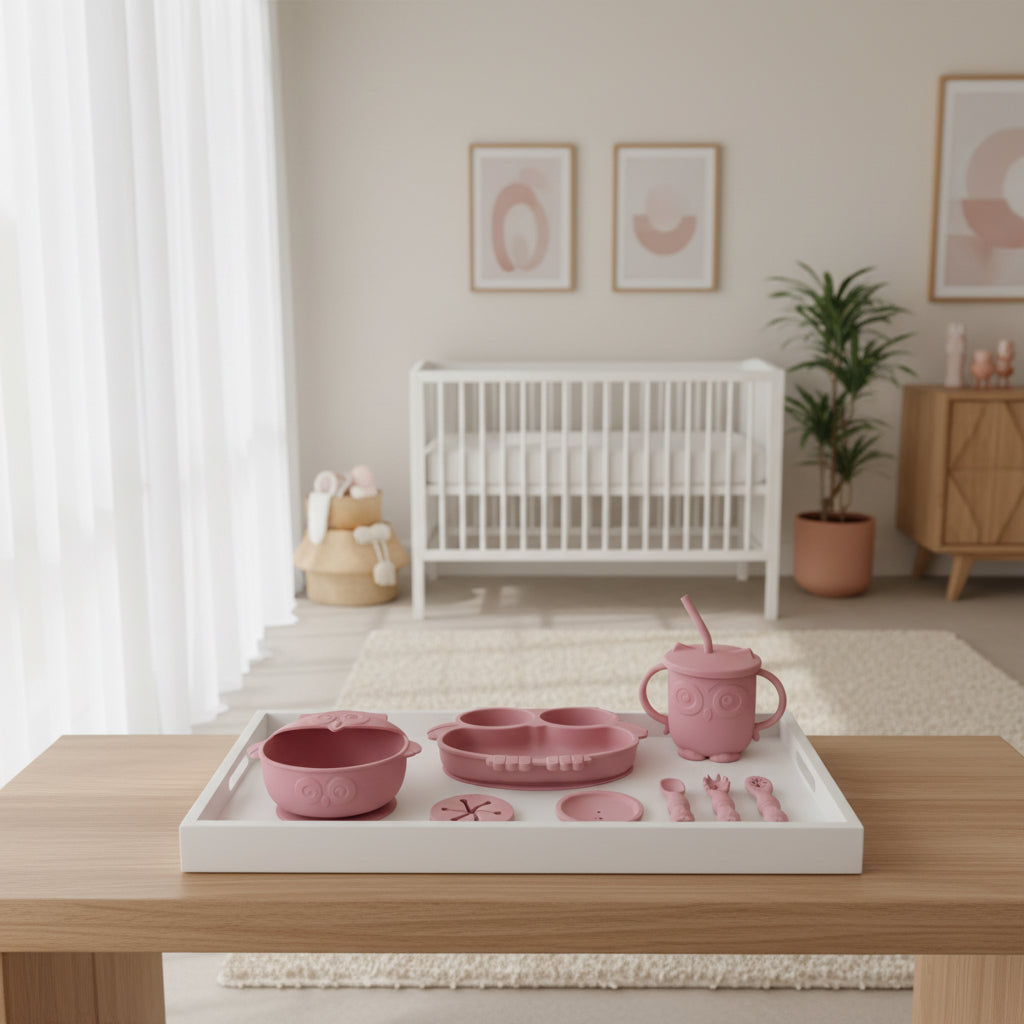 Eco-Friendly Silicone Baby Feeding Set Owl Utensils Silicone Bib Suction Bowl & Plate Soft-Tip Spoons & Fork Toddler Cup with Lids (Light Pink)