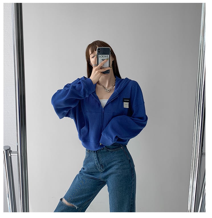 Loose Hooded Waffle Sweatshirt with Short Long Sleeves