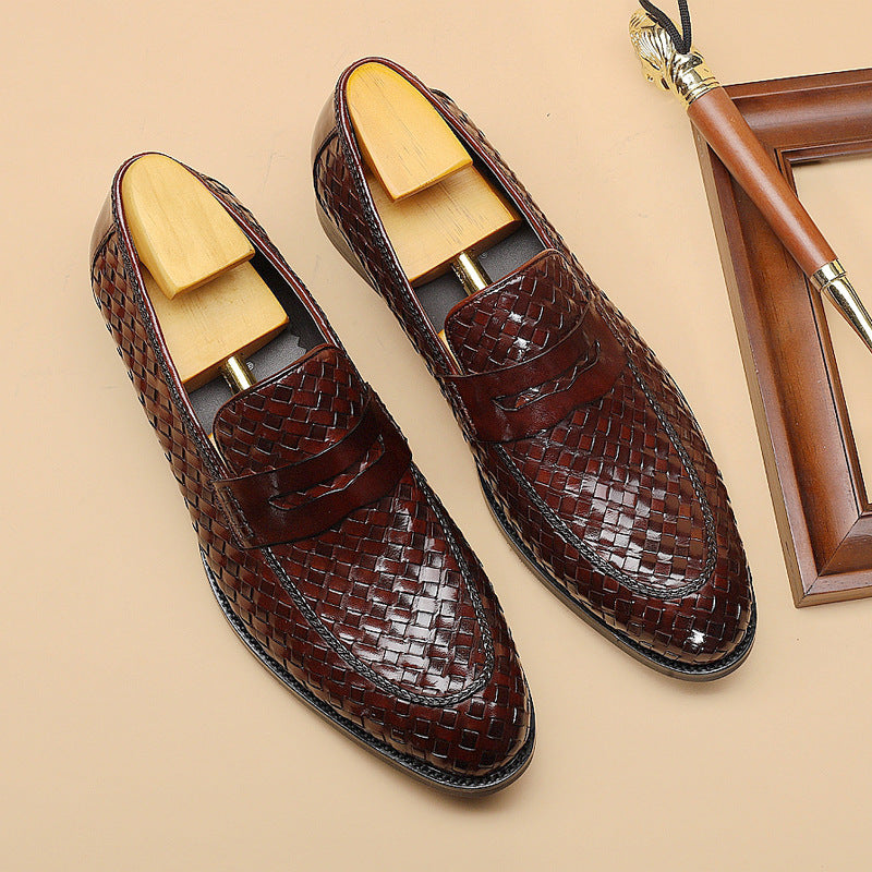 Woven Leather Men's Business Casual Shoes in Solid Color