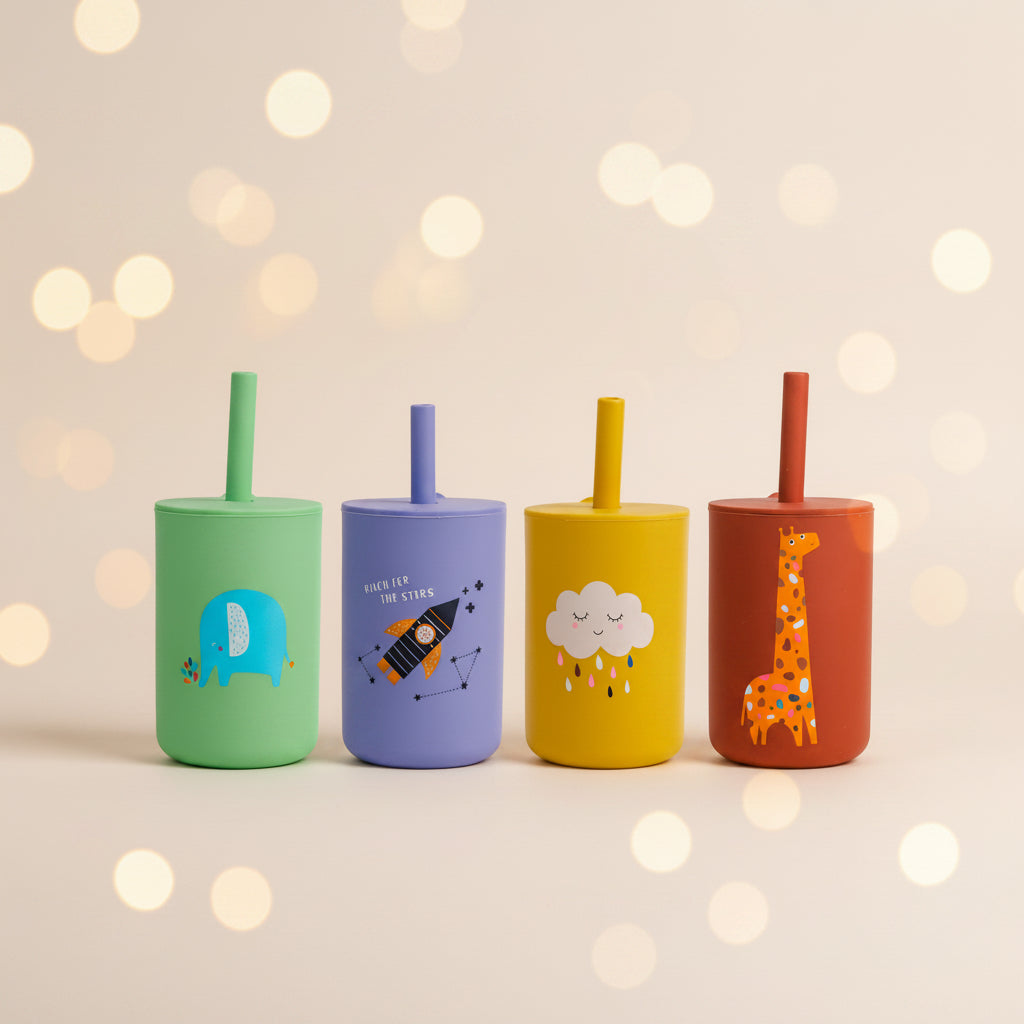 Silicone Baby Cups with Lids and Silicone Straws Unbreakable Trainer Cup for Baby Led Weaning Silicone Drinking Straw for Kids and Adults BPA Free 6 Months+ 4-Pack