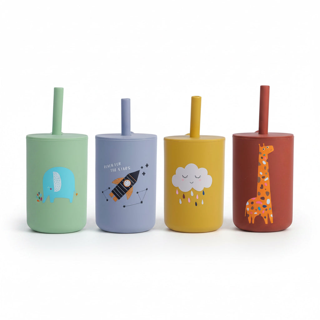 Silicone Baby Cups with Lids and Silicone Straws Unbreakable Trainer Cup for Baby Led Weaning Silicone Drinking Straw for Kids and Adults BPA Free 6 Months+ 4-Pack