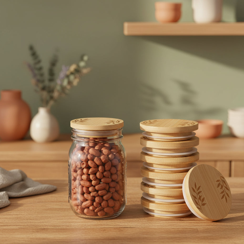 Beeveer 8 Pcs Regular Mouth Lids for Mason Jars 2.76 Wooden Lids Leaf Pattern Storage Lids Reusable Yogurt Canning Jar Lids with Airtight Silicone Sealing Rings Round Canning Lids for Food Storage