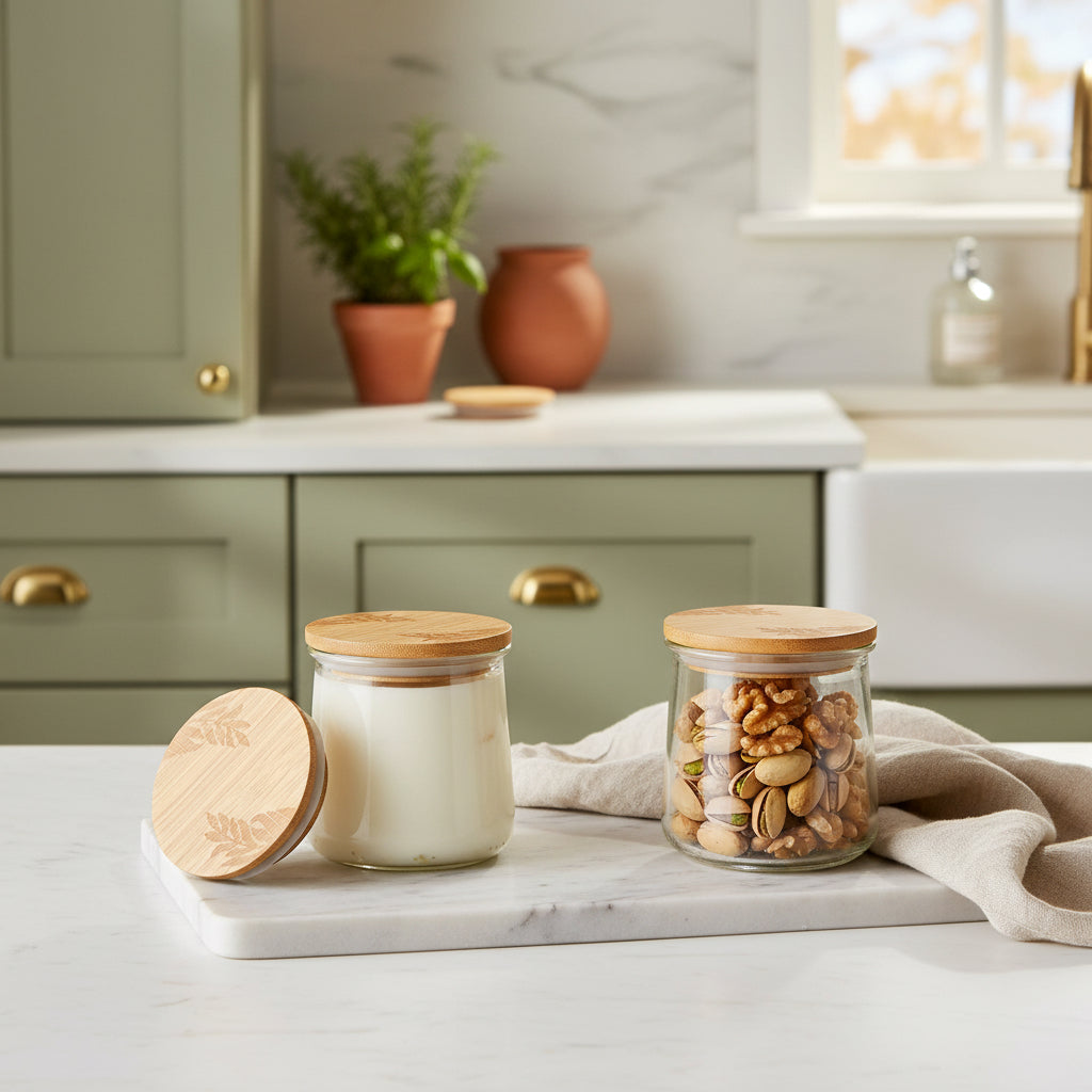 Mason Life Oui Yogurt Jar Lids 4 Pcs Oui Yogurt Bamboo Jar Lids Set with Silicone Sealing Rings Leaves Pattern Wooden Lids for Oui Yogurt Jars Cookie Glass Storage Lids for 5 Oz Oui Yogurt Jars