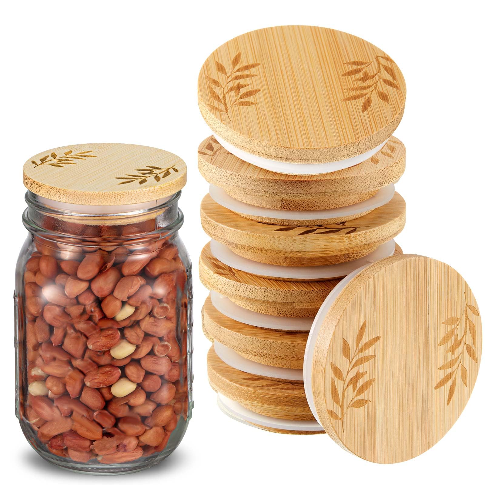 Beeveer 8 Pcs Regular Mouth Lids for Mason Jars 2.76 Wooden Lids Leaf Pattern Storage Lids Reusable Yogurt Canning Jar Lids with Airtight Silicone Sealing Rings Round Canning Lids for Food Storage