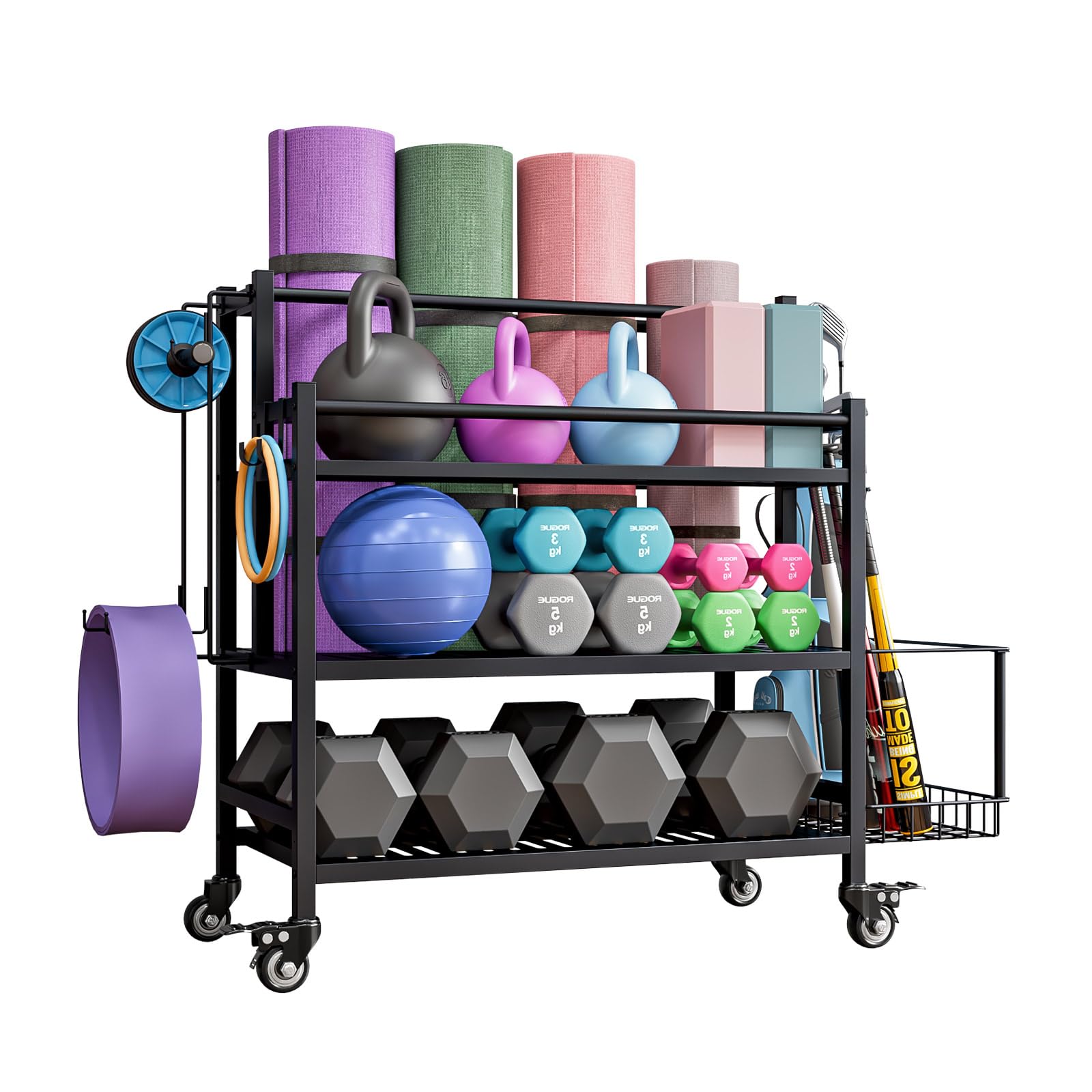 INGIORDAR Dumbbell RackWeight Racks for DumbbellsYoga Mat Storage RackHome Gym Storage Racks for Foam Roller Kettlebells ballWorkout Equipment Storage Organizer With Hooks and Wheels