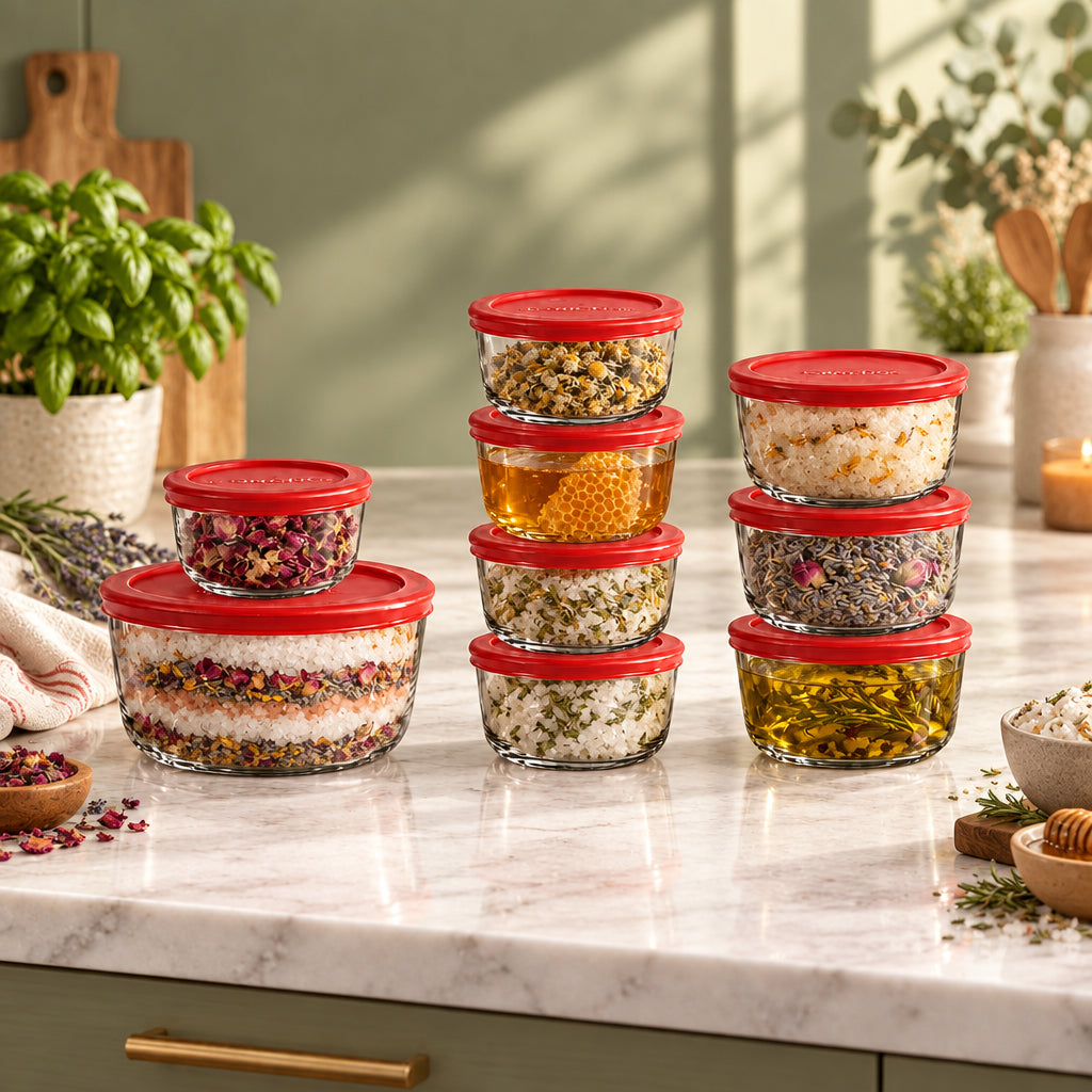 Anchor Hocking 18 Piece Glass Storage Containers with Lids (9 Glass Food Storage Containers & 9 Red SnugFit Lids)