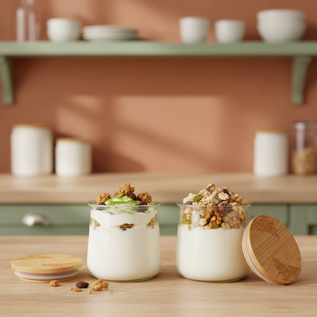 Mason Life Oui Yogurt Jar Lids 4 Pcs Oui Yogurt Bamboo Jar Lids Set with Silicone Sealing Rings Leaves Pattern Wooden Lids for Oui Yogurt Jars Cookie Glass Storage Lids for 5 Oz Oui Yogurt Jars