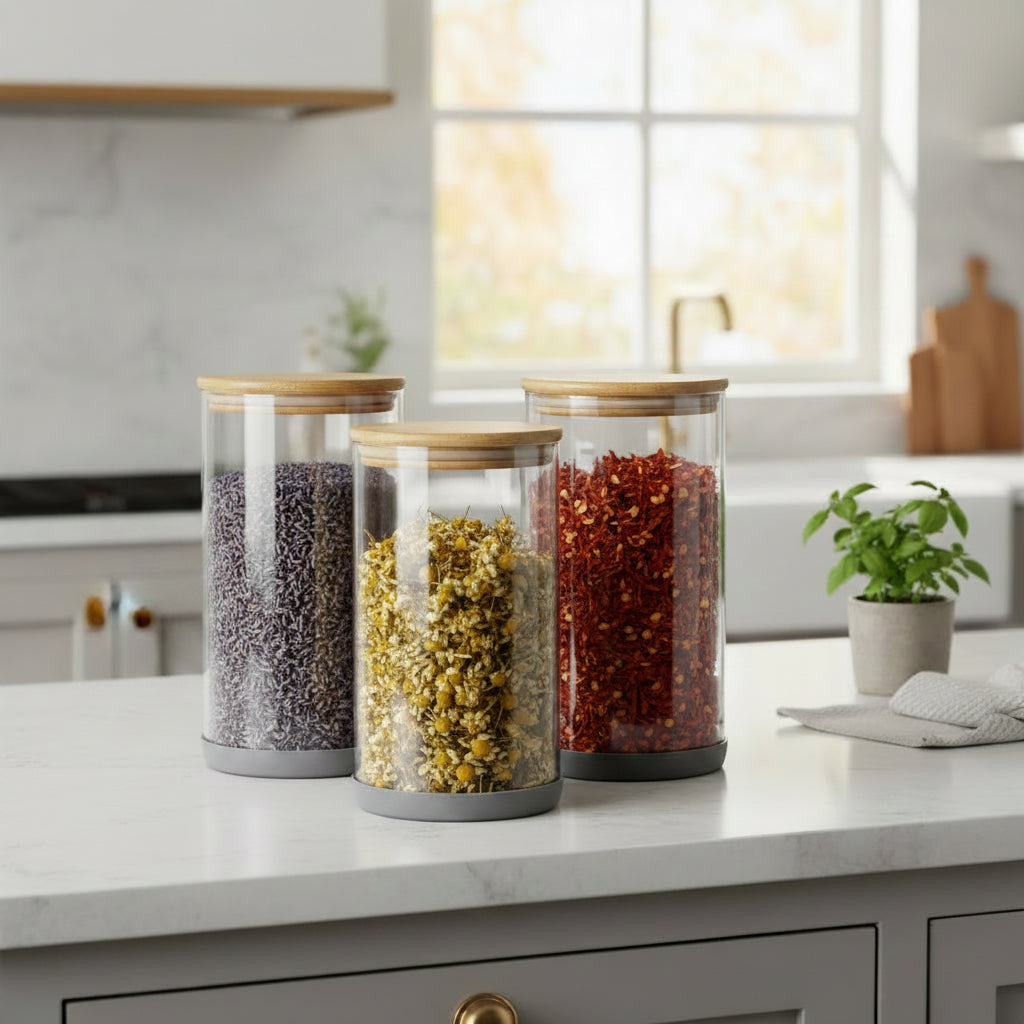 Glass Jars with Bamboo Lids 3 PackAnti-slip Silicone Rubber Bottom 68 OZ Glass Canisters with Airtight Lids BPA-Free Thicker GlassFlour Sugar Storage containers Glass Canisters with Airtight Lids