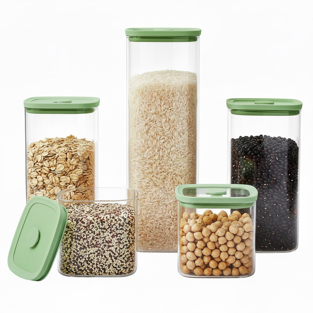 Spreccio Square Glass Food Storage Jars with Lids[Set of 5] Perfect for Pasta Cookies Nuts Coffee Cereal FlourOrganize Your Kitchen with these BPA-Free Glass Jars with Silicone Lids