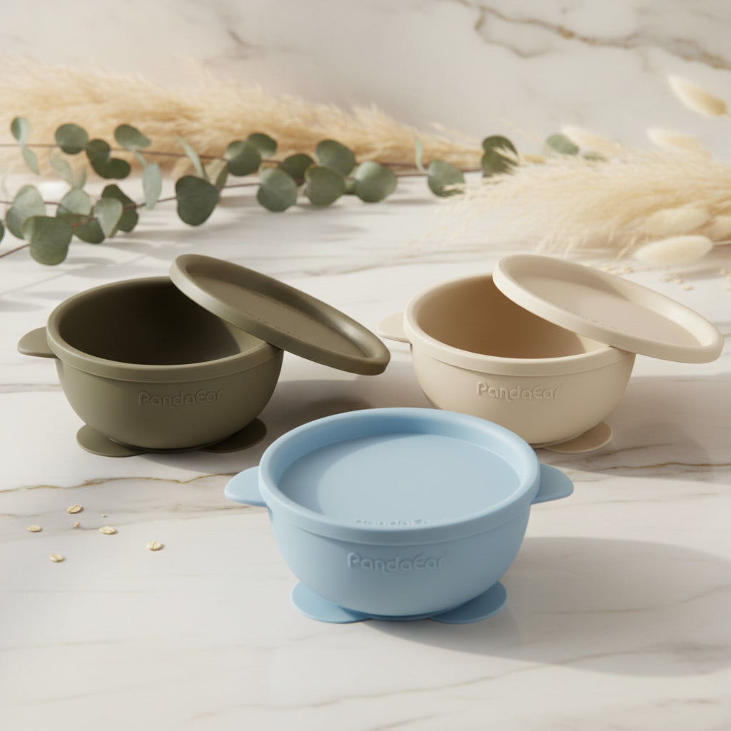 PandaEar 3 Pack Baby Suction Bowls with Lids| Leak-Proof Stay Put Silicone Food Bowl for Babies Kids Toddlers Infants| Food Grade Soft Safe BPA-Free Silicone (Blue Brown Tan)