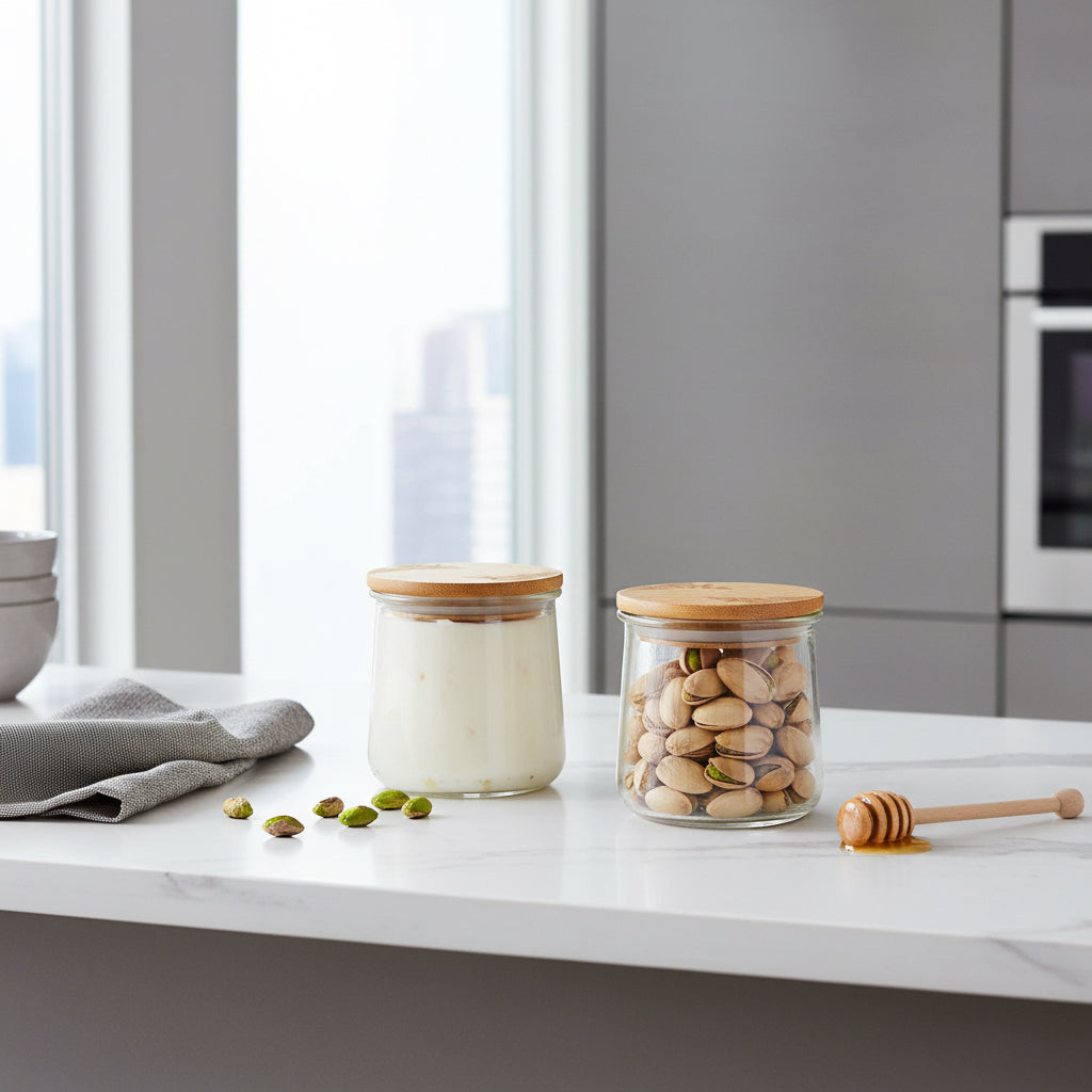 Mason Life Oui Yogurt Jar Lids 4 Pcs Oui Yogurt Bamboo Jar Lids Set with Silicone Sealing Rings Leaves Pattern Wooden Lids for Oui Yogurt Jars Cookie Glass Storage Lids for 5 Oz Oui Yogurt Jars