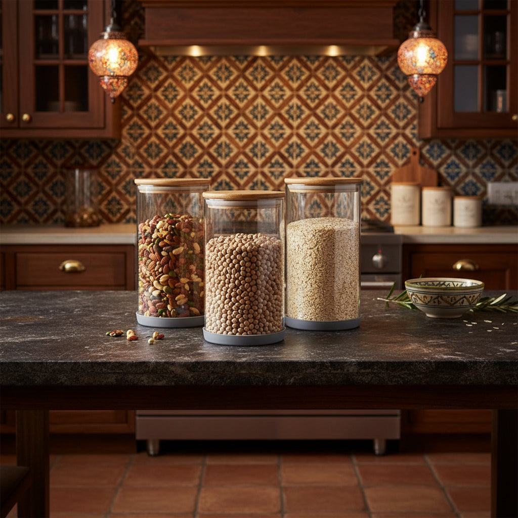 Glass Jars with Bamboo Lids 3 PackAnti-slip Silicone Rubber Bottom 68 OZ Glass Canisters with Airtight Lids BPA-Free Thicker GlassFlour Sugar Storage containers Glass Canisters with Airtight Lids