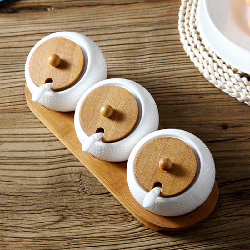 Creative Ceramic Spice Box Set with Bamboo Lids