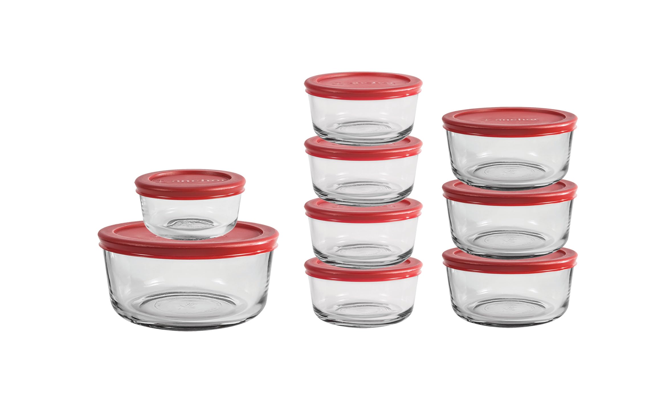 Anchor Hocking 18 Piece Glass Storage Containers with Lids (9 Glass Food Storage Containers & 9 Red SnugFit Lids)