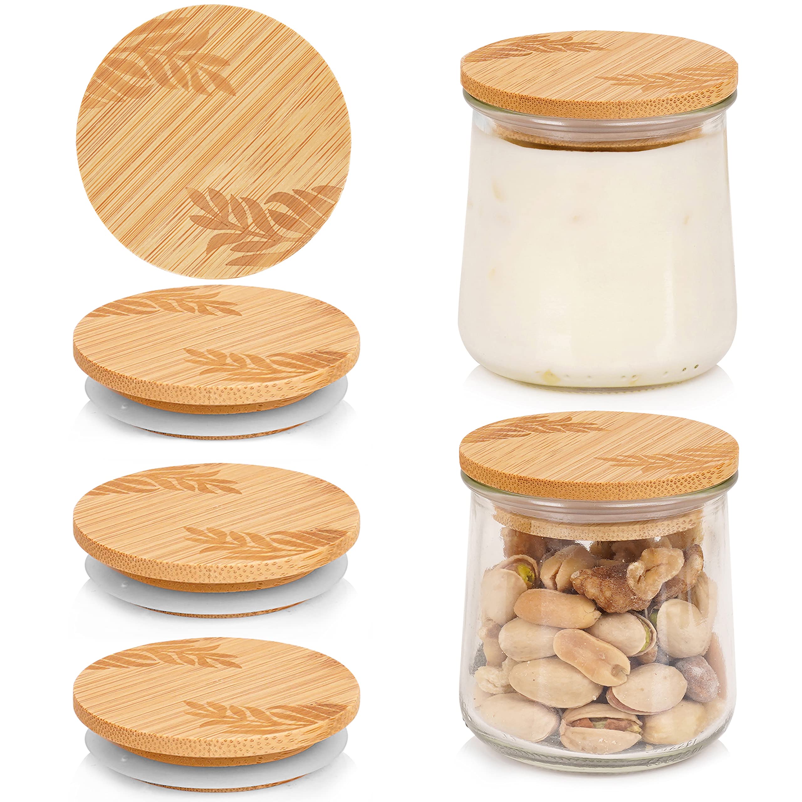 Mason Life Oui Yogurt Jar Lids 4 Pcs Oui Yogurt Bamboo Jar Lids Set with Silicone Sealing Rings Leaves Pattern Wooden Lids for Oui Yogurt Jars Cookie Glass Storage Lids for 5 Oz Oui Yogurt Jars
