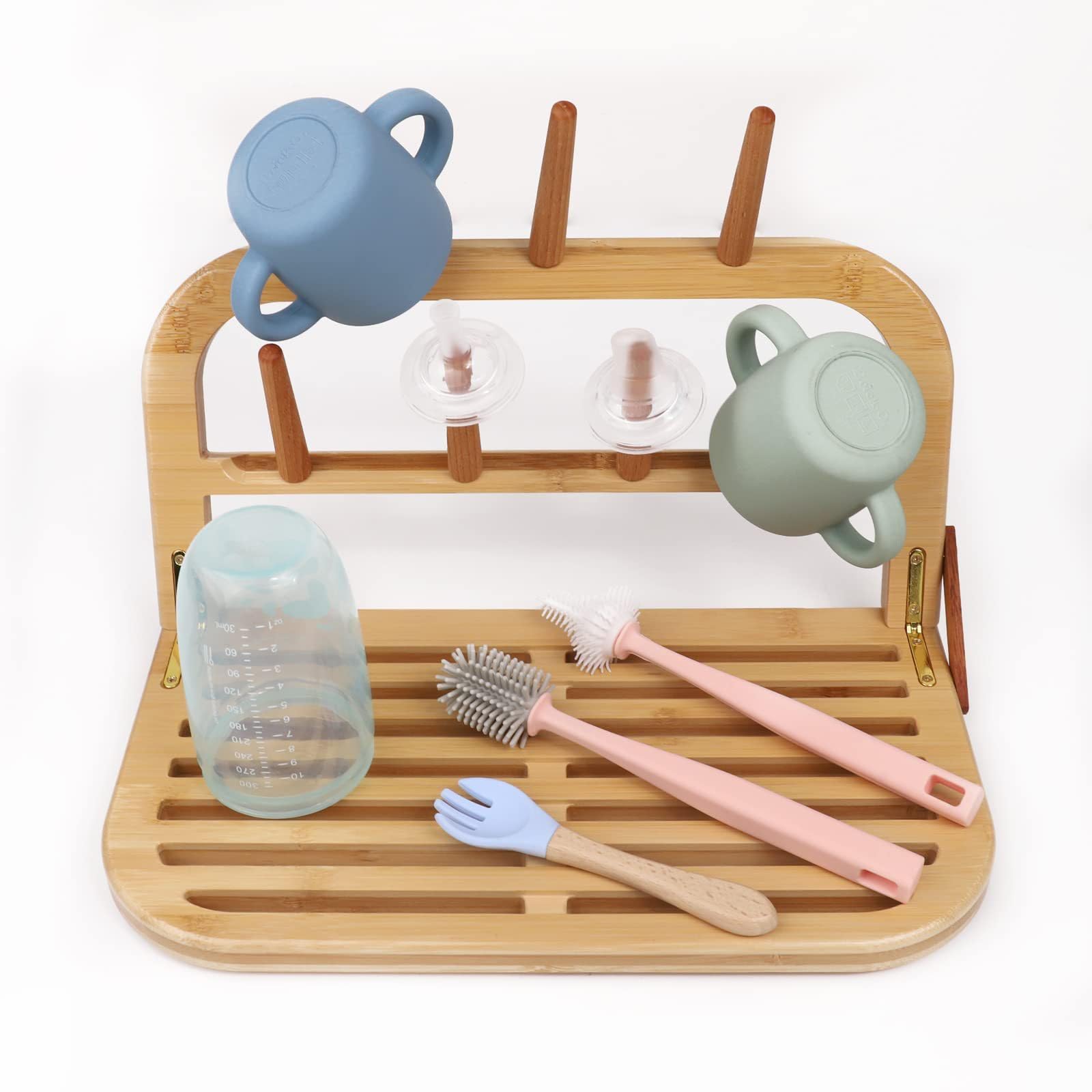 Eurppy Bamboo Baby Bottle Drying Rack Portable Wooden Drying Rack Space Saving Kitchen Bottle Holder Organizer for Accessories Bottles Cups Pacifiers Travel Dish Racks (Bamboo)