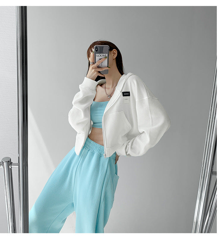 Loose Hooded Waffle Sweatshirt with Short Long Sleeves