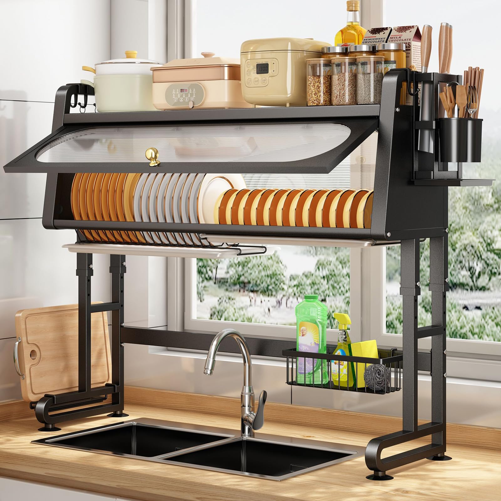 Dish Drying Rack Dish Rack for Kitchen Counter 3-Tier Drying Rack Kitchen Over The Sink Metal Dish Drainer Drying Rack Over The Sink Adjustable Dish Drying Rack (28.34-31.49) Black