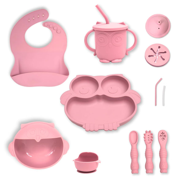 Eco-Friendly Silicone Baby Feeding Set Owl Utensils Silicone Bib Suction Bowl & Plate Soft-Tip Spoons & Fork Toddler Cup with Lids (Light Pink)