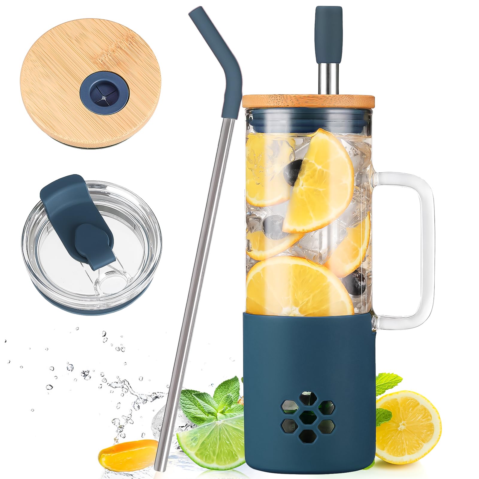 MUKOKO Glass Cups With Lids and Straws 20oz Glass Tumbler with Straw and Handle Iced Coffee Cups with lids - Bamboo Lid & On the Go Lid Leak Proof Tumbler with Silicone Sleeve(Dark Blue)