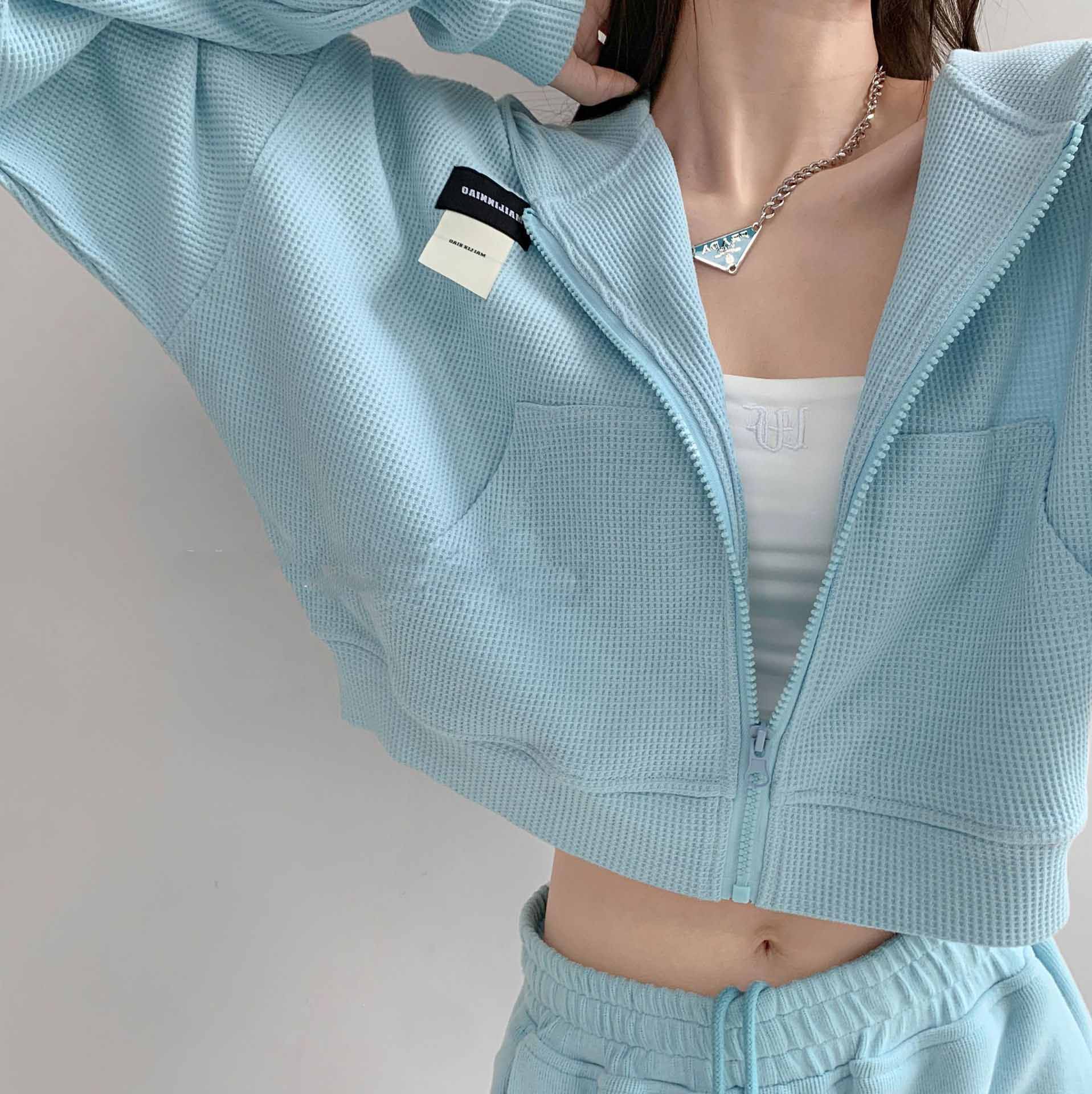 Loose Hooded Waffle Sweatshirt with Short Long Sleeves