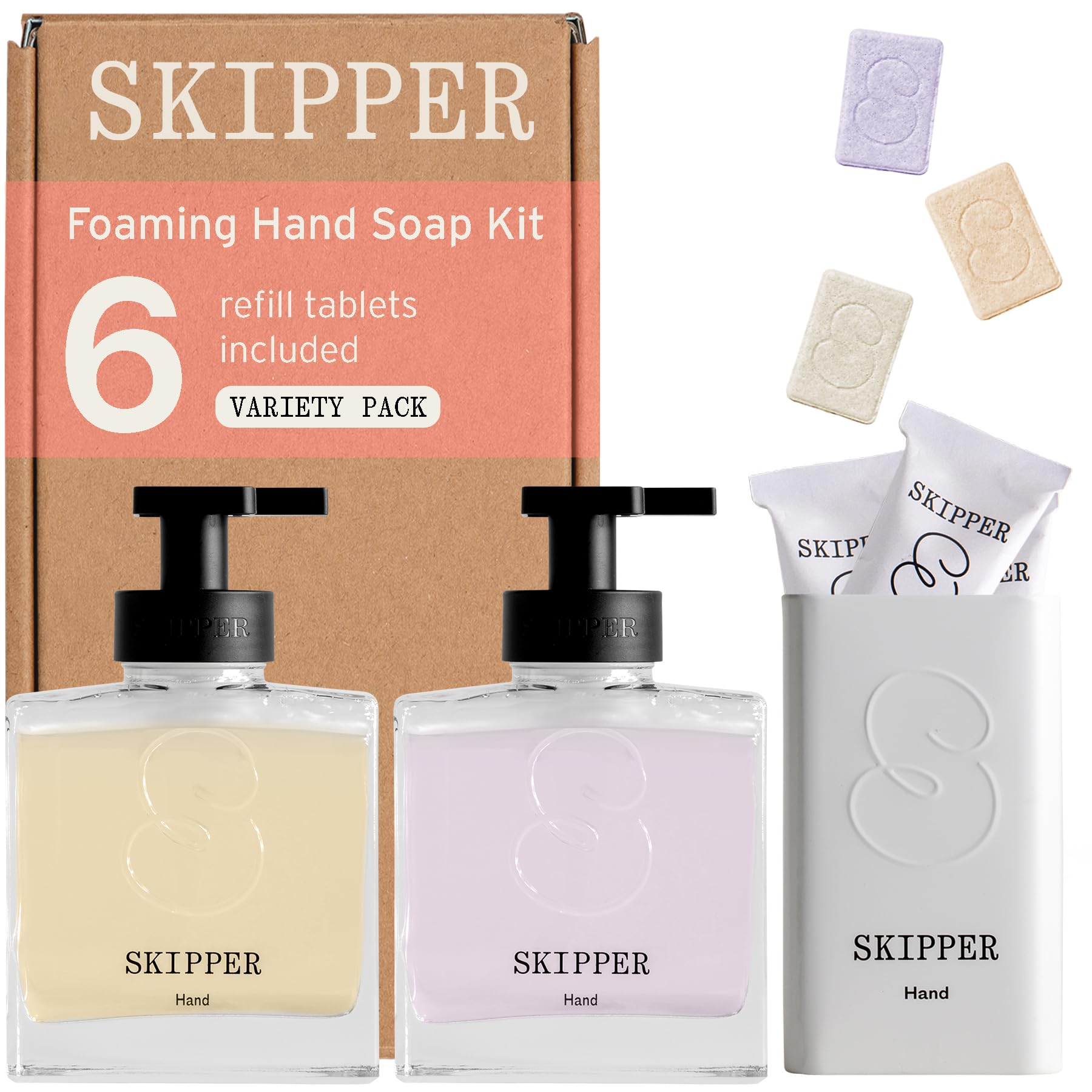Tirtyl Skipper Hand Wash Duo Kit Glass - 2 Glass Foaming Dispensers + 6 Tablet Refills (6x 8 fl oz bottles of soap) + 1 Storage Tin - Variety Fragrances