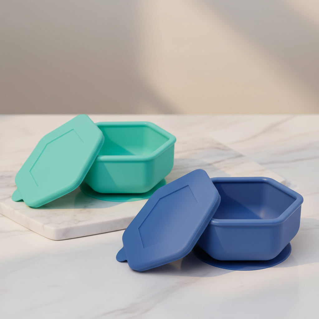Tiny Twinkle Silicone Suction Bowls Set with Lids for Baby and Toddler - 100% Silicone - BPA Free - Microwave Safe (Mint Indigo 2 Pack)