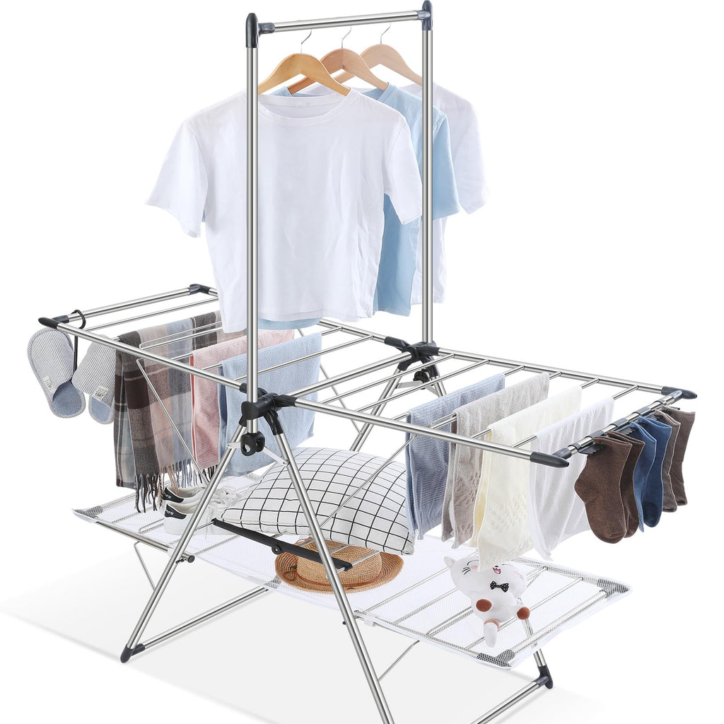 APEXCHASER Clothes Drying Rack Foldable 2-Level Drying Racks with High Hanger Metal Laundry Stand with Height-Adjustable Gullwings