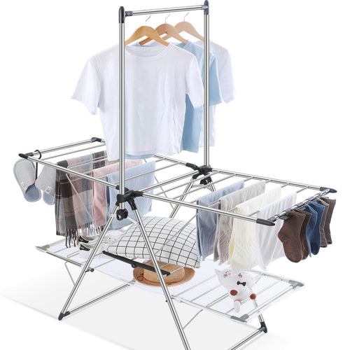 APEXCHASER Clothes Drying Rack Foldable 2-Level Drying Racks with High Hanger Metal Laundry Stand with Height-Adjustable Gullwings