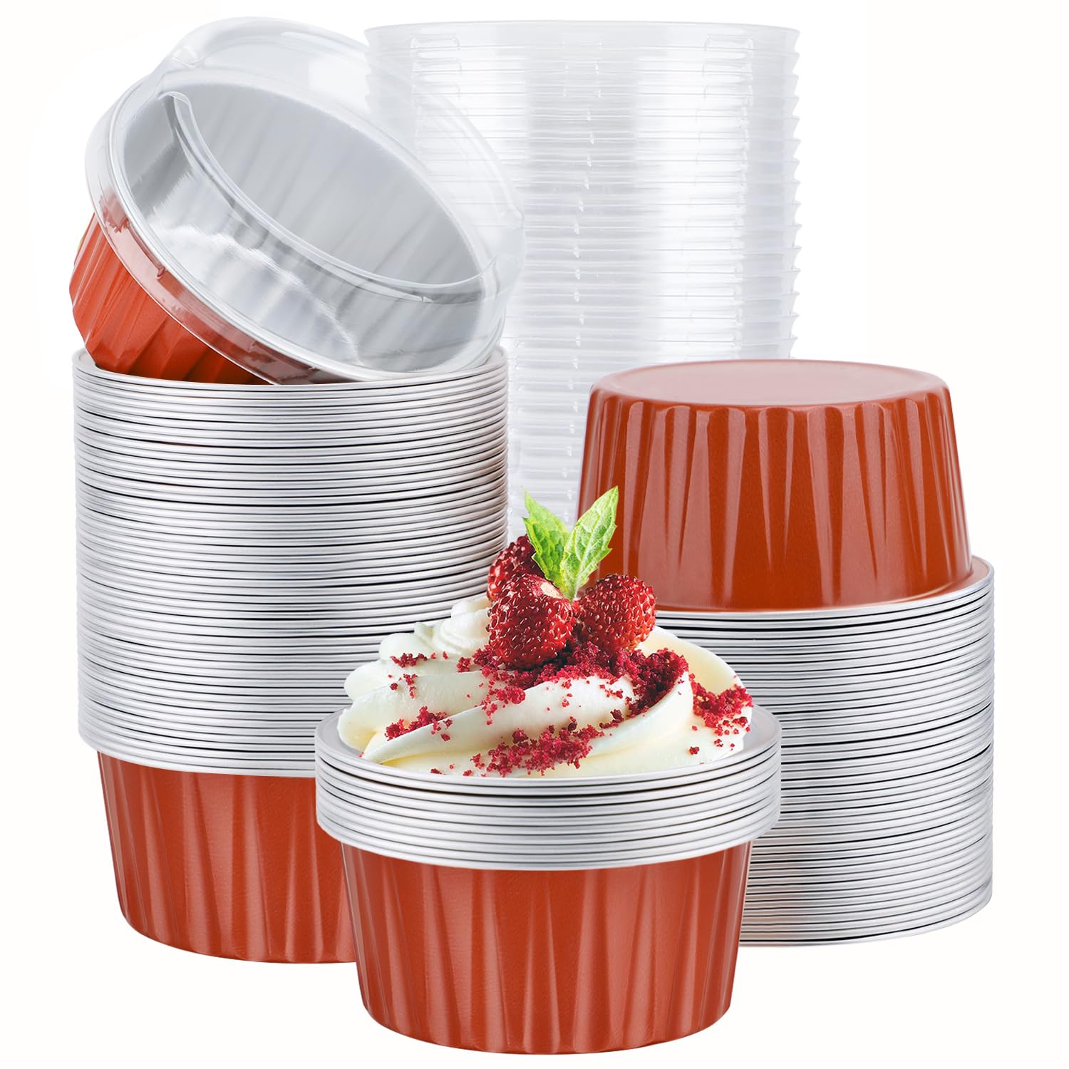 EUSOAR Disposable Ramekins with Lids 100pcs 5oz Aluminum Foil Baking Cups with Lids Creme Brulee Cups Muffin Cups for Baking Mini Disposable Baking Pans，Dessert Containers with Lids