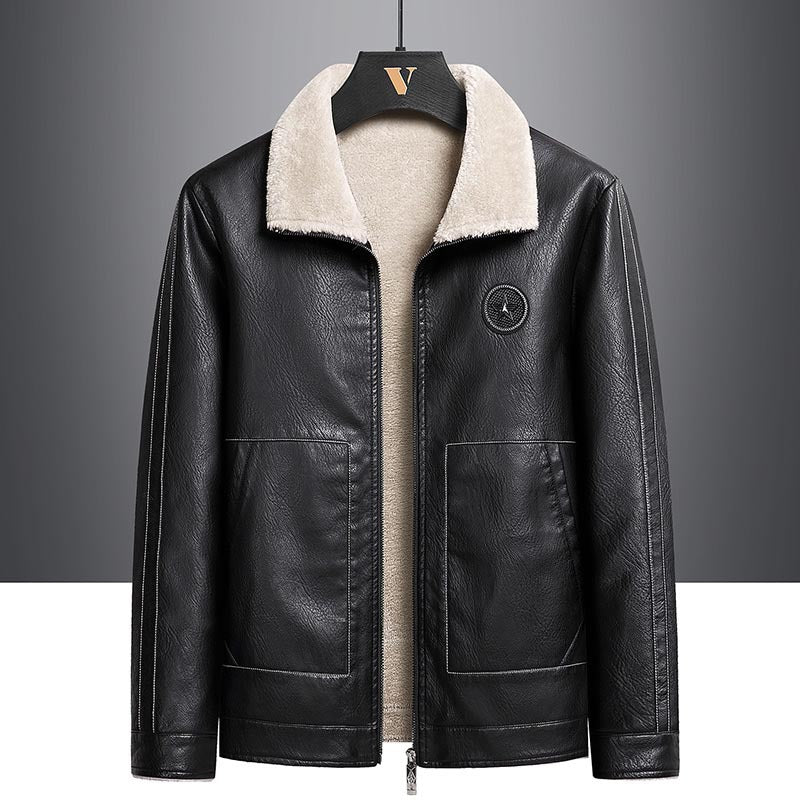 Men's Fleece Leather Jacket with Contrast Color Design