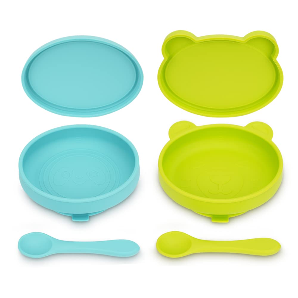 Silicone Suction Baby Bowls with Lids - 100% Food Grade Silicone Toddler Bowls - Dishwasher Safe Self-Feeding Set (Grass Green & Light Blue)