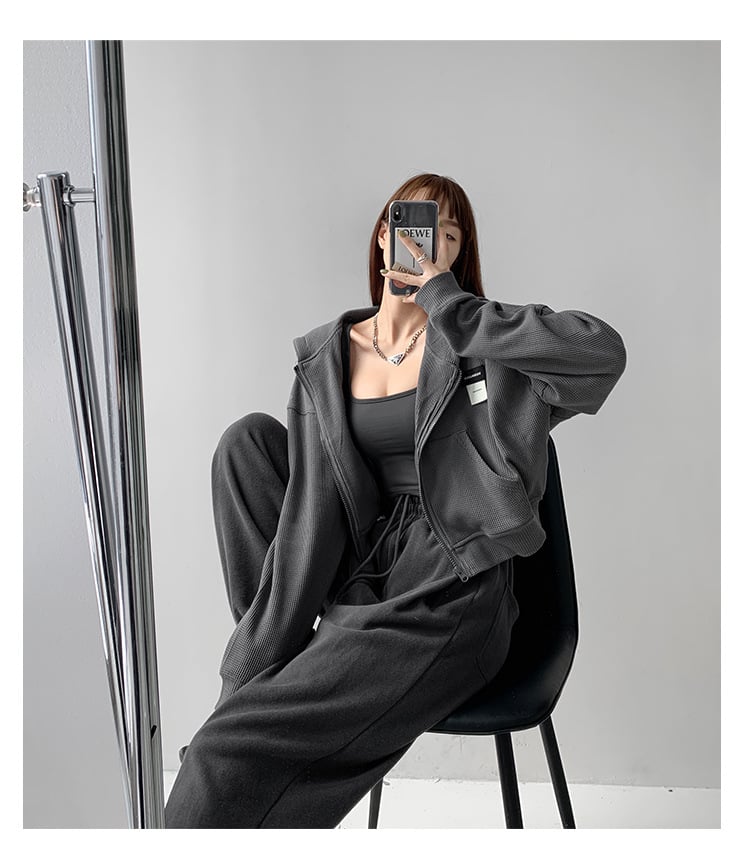 Loose Hooded Waffle Sweatshirt with Short Long Sleeves